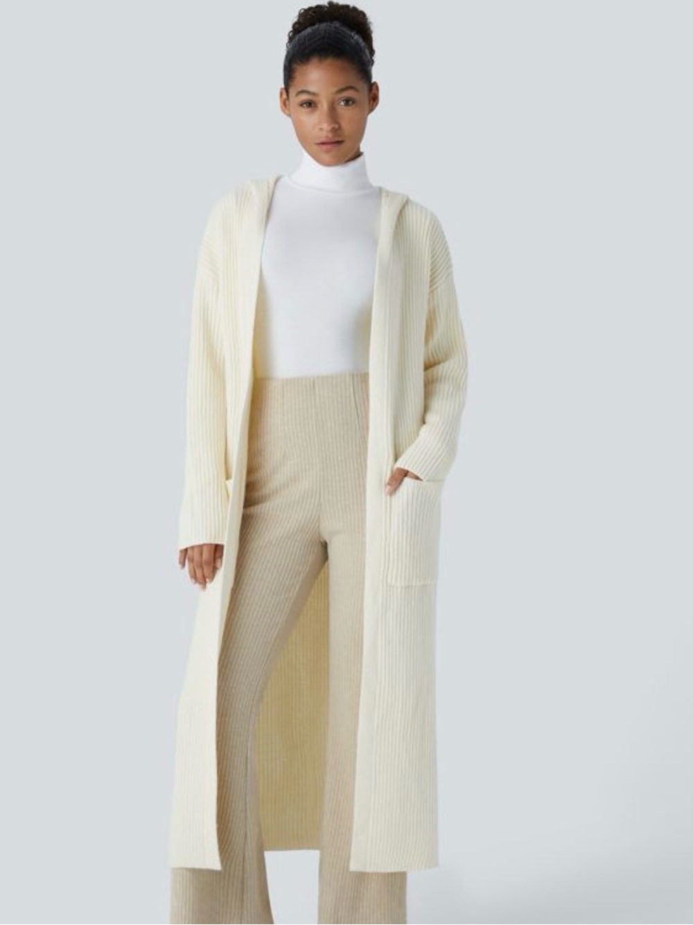 HALARA Long Cream Hooded Ribbed Cardigan NWOT